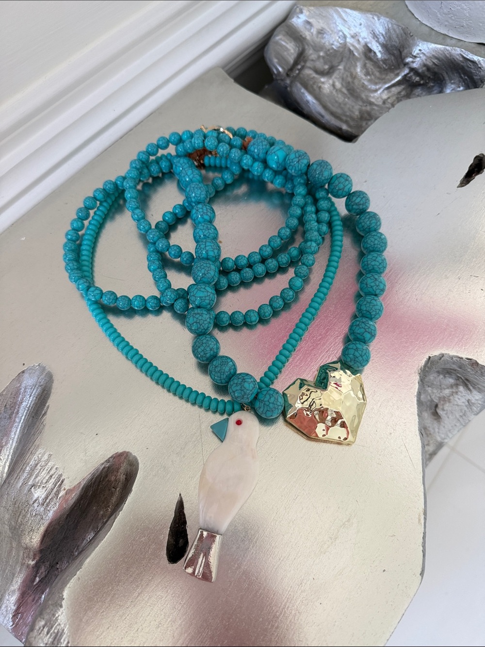 Turquoise Beaded Necklace with Gold Heart & Carved Bird Pendant 2 necklaces